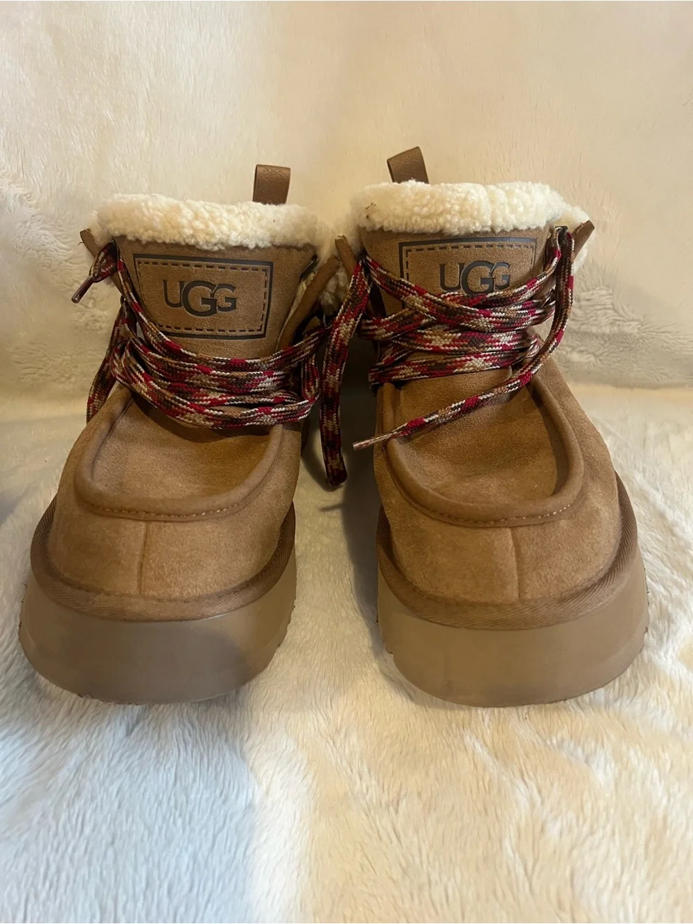 UGG men’s Chestnut Suede Sherpa Cuff Lace-Up Boots with Red Accented Laces